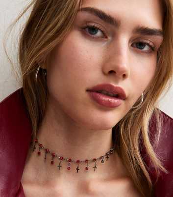 Gunmetal Halloween Gem and Cross Charm Choker Necklace
