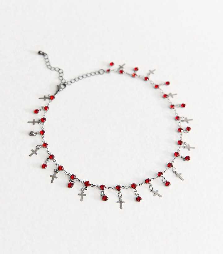 Gunmetal Halloween Gem and Cross Charm Choker Necklace
