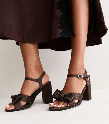 Dark Brown Satin Embellished Knot Block Heel Sandals