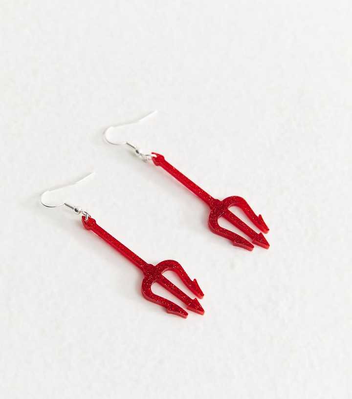 Bright Red Glitter Halloween Fork Earrings