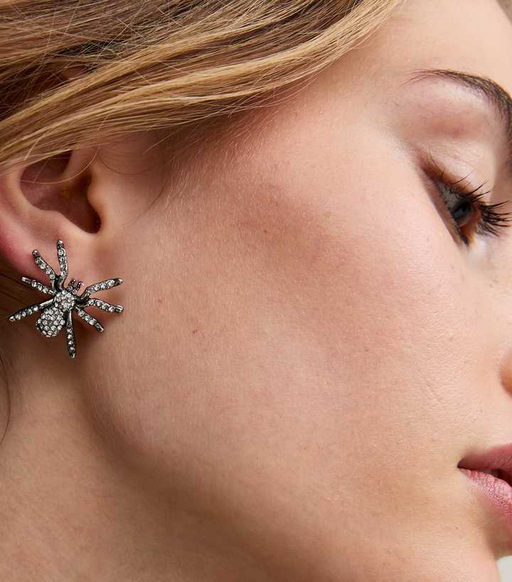 Silver Tone Spider Stud Embellished Earrings