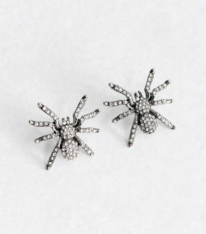 Silver Tone Spider Stud Embellished Earrings
