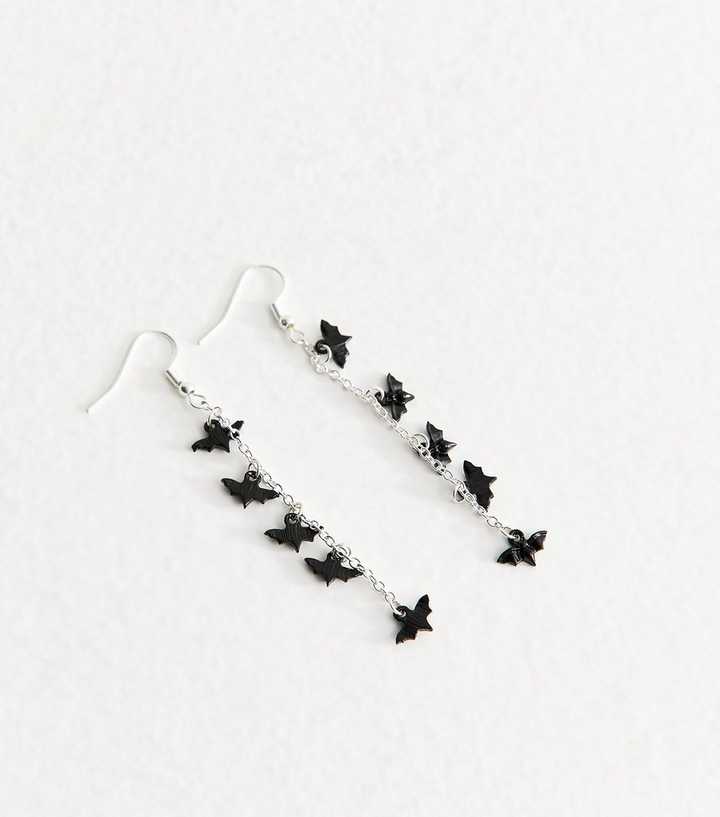 Silver Tone Halloween Bat Charm Drop Earrings