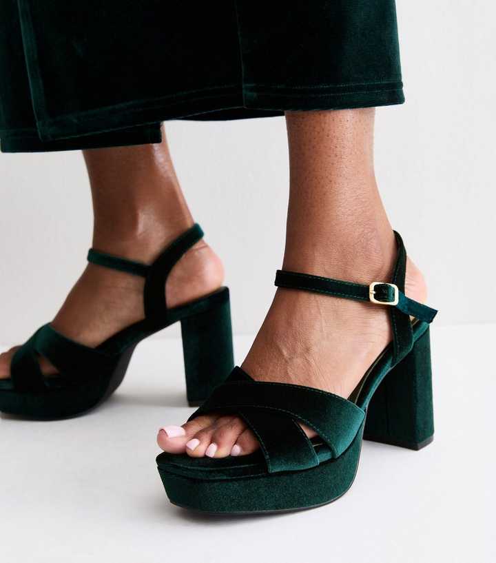Wide Fit Dark Green Velvet Platform Sandals