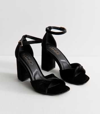 Black Velvet Twist Strap Block Heel Sandals