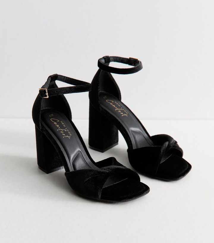 Black Velvet Twist Strap Block Heel Sandals