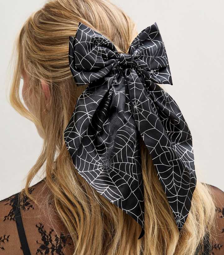 Black Halloween Spider Web Satin Bow Hair Slide