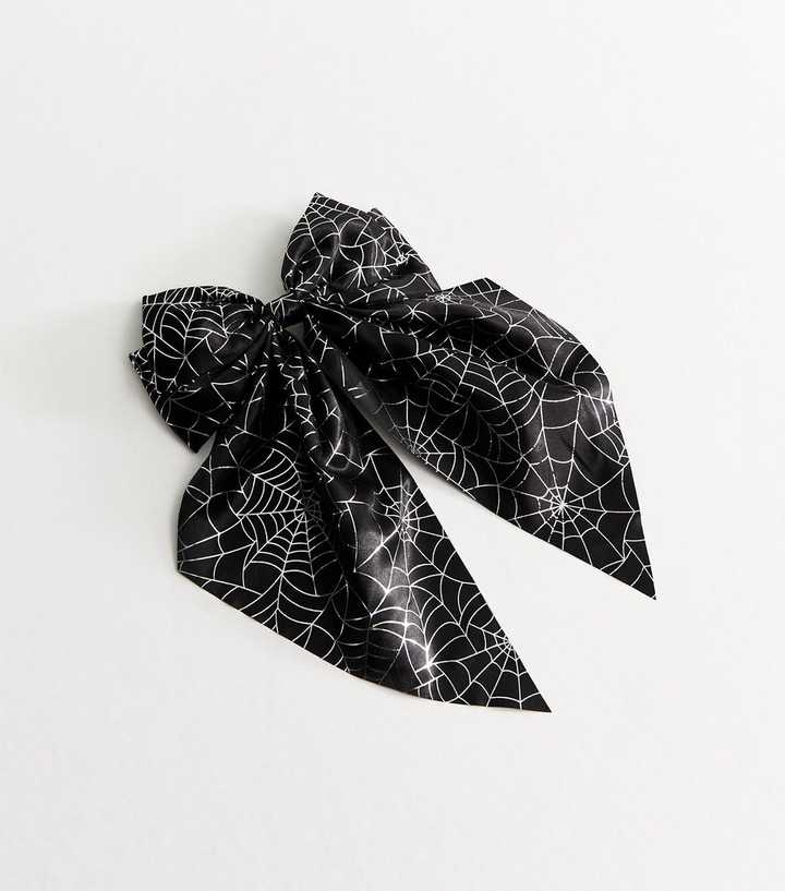 Black Halloween Spider Web Satin Bow Hair Slide