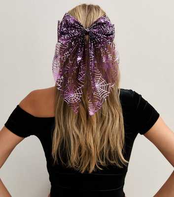 Purple Halloween Spider Web Print Mesh Bow Hair Slide