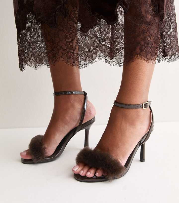 Dark Brown Faux Leather Fluffy Strap Stiletto Sandals