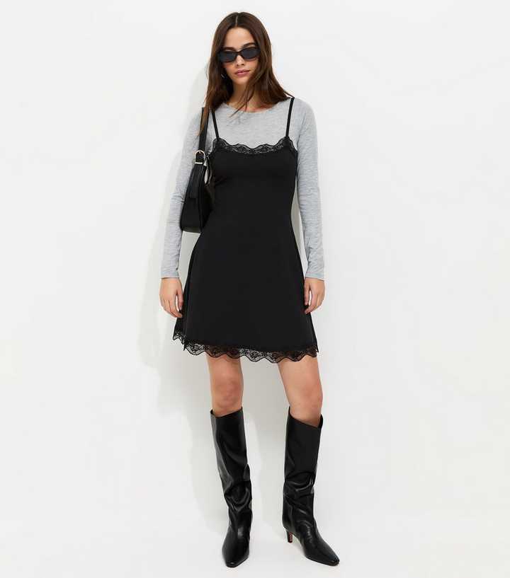 Black 2in1 Lace Trim Layered Strappy Mini Dress