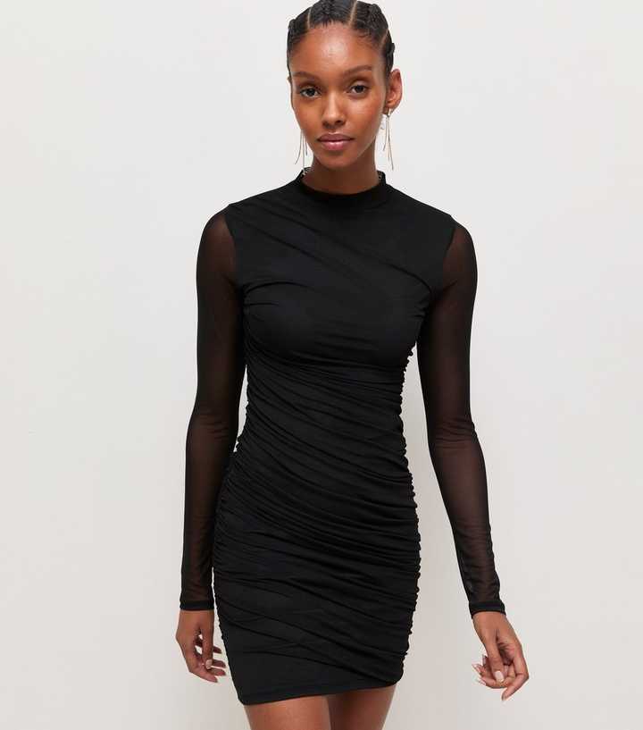 Black Mesh Ruched Long Sleeve Mini Dress