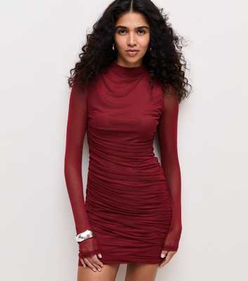 Dark Purple Mesh Ruched Long Sleeve Mini Dress