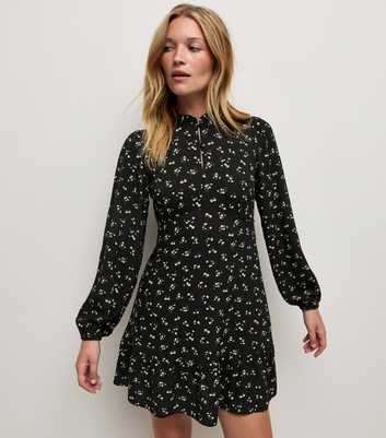 Black Frill Trim Long Sleeve Ditsy Print Button Mini Dress