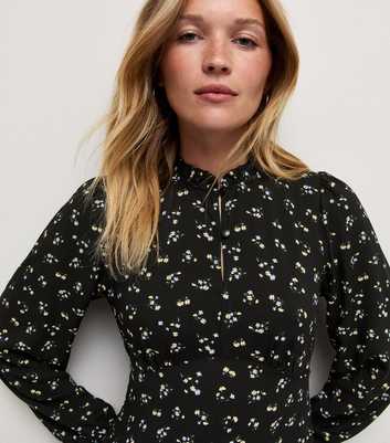 Black Frill Trim Long Sleeve Ditsy Print Button Mini Dress