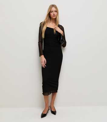 Black Mesh Square Neck Long Sleeve Midi Dress