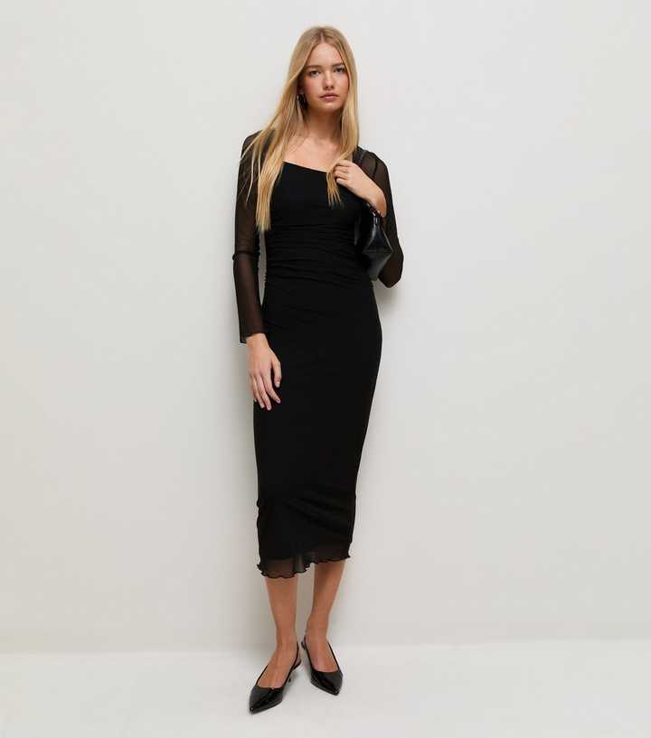 Black Mesh Square Neck Long Sleeve Midi Dress