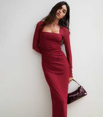 Bright Red Mesh Square Neck Long Sleeve Midi Dress