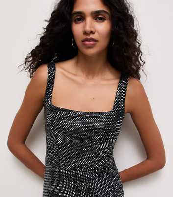 Black Sequin Square Neck Wrap Midi Dress