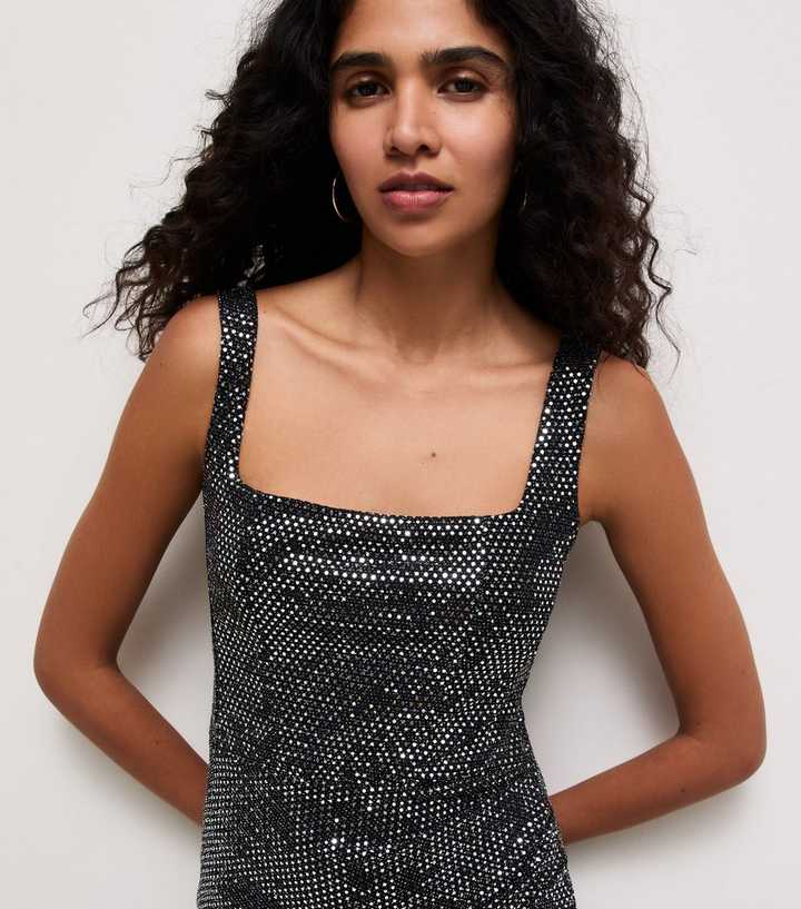 Black Sequin Square Neck Wrap Midi Dress