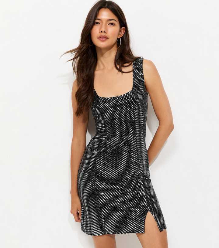 Black Sequin Square Neck Mini Dress