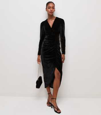 Black Long Sleeve Velvet Wrap Figure Skimming Midi Dress