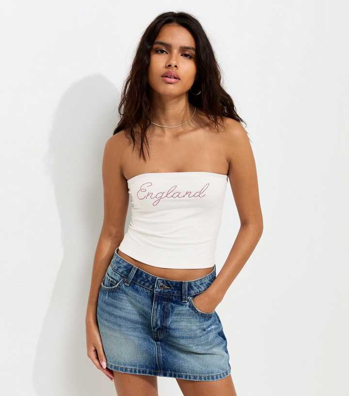 White Cotton England Gem Embellished Bandeau Top