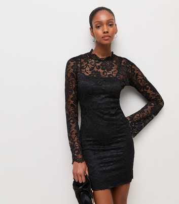 Black Lace Frill Neck Mini Dress