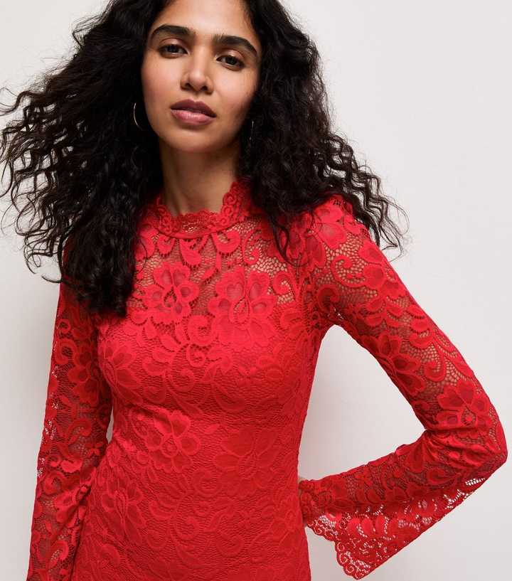 Bright Red Lace Frill Neck Mini Dress