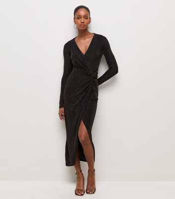 Black Shimmer Wrap Midi Dress