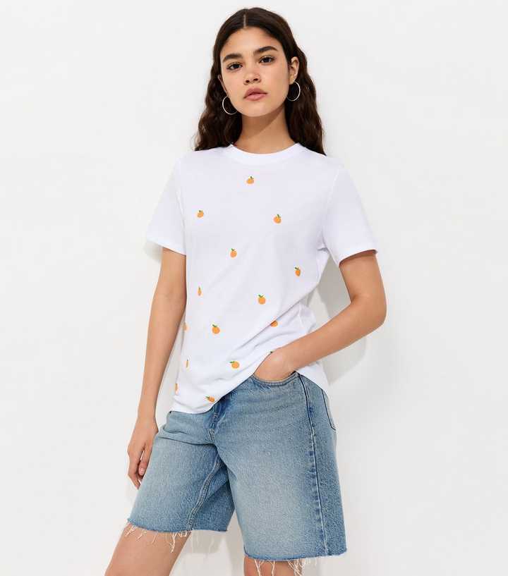 White Cotton Orange Print Relaxed Fit T-Shirt