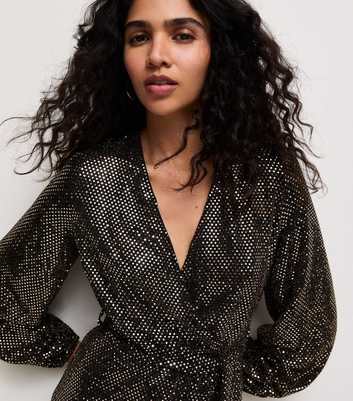 Black Sequin Wrap Front Long Sleeve Mini Dress