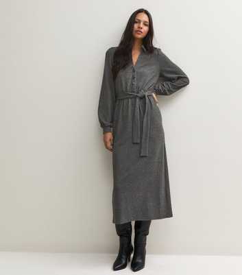 Dark Grey Long Sleeve Belted Shirt Midi Dress