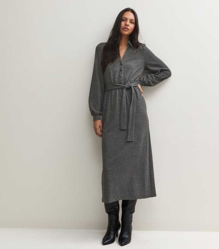 Dark Grey Long Sleeve Belted Shirt Midi Dress