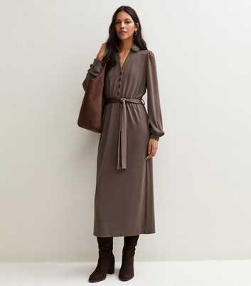 Brown Long Sleeve Belted Shirt Midi Dress