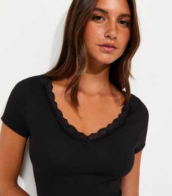 Black Cotton Rich Ribbed Lace Trim V Neck T-Shirt