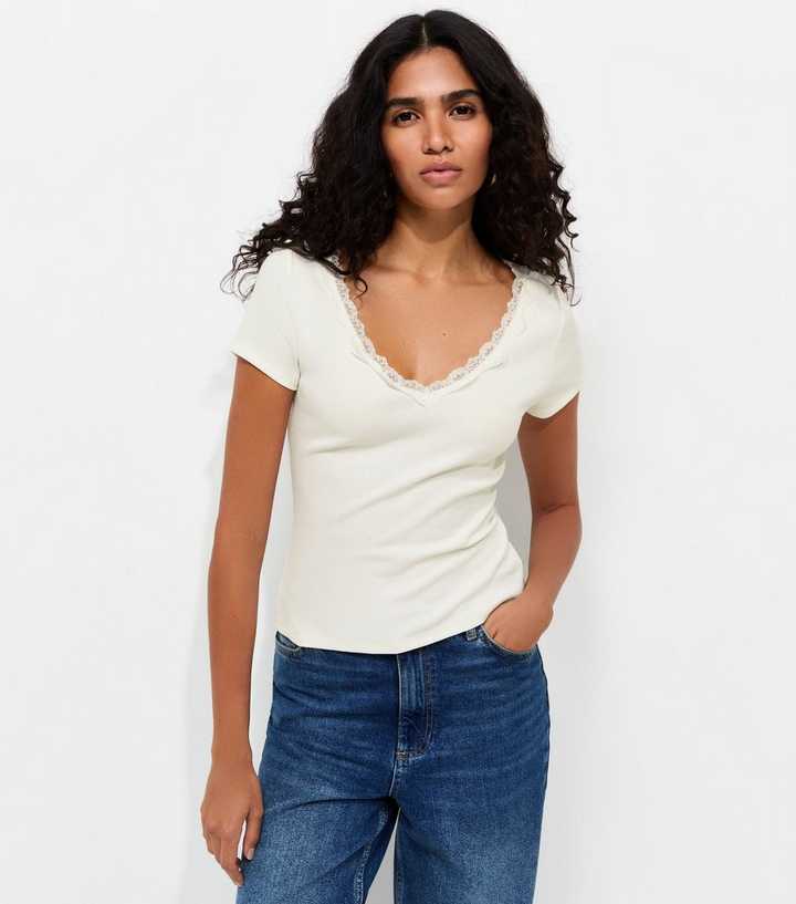 Off White Cotton Rich Ribbed Lace Trim V Neck T-Shirt
