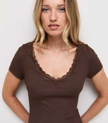 Dark Brown Cotton Rich Ribbed Lace Trim V Neck T-Shirt