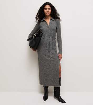 Dark Grey Knitted Long Sleeve Midi Dress