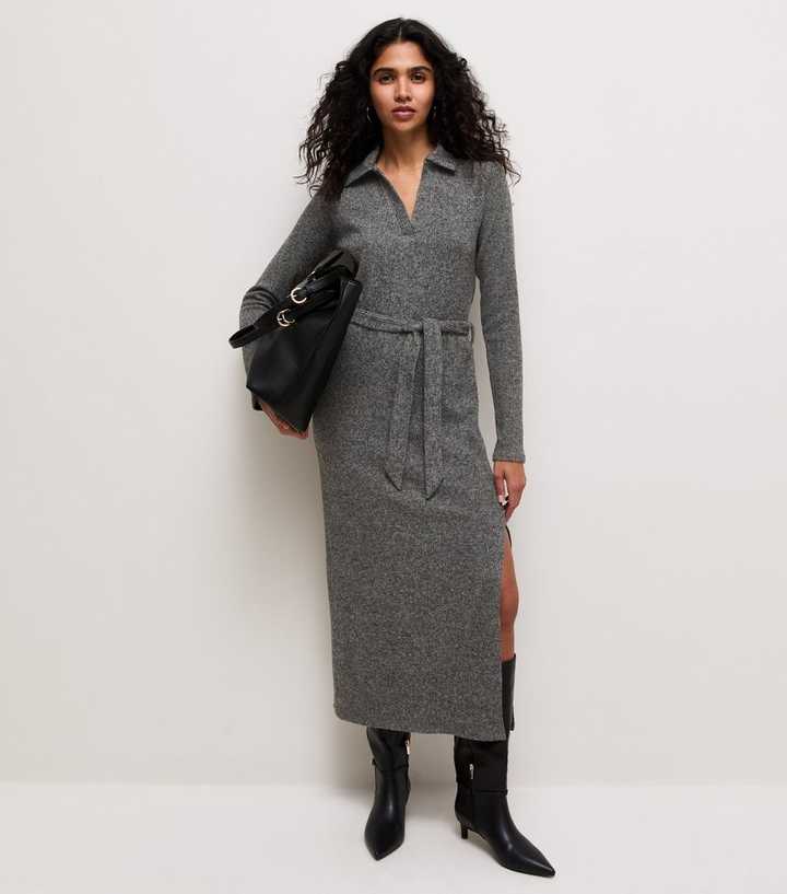 Dark Grey Knitted Long Sleeve Midi Dress