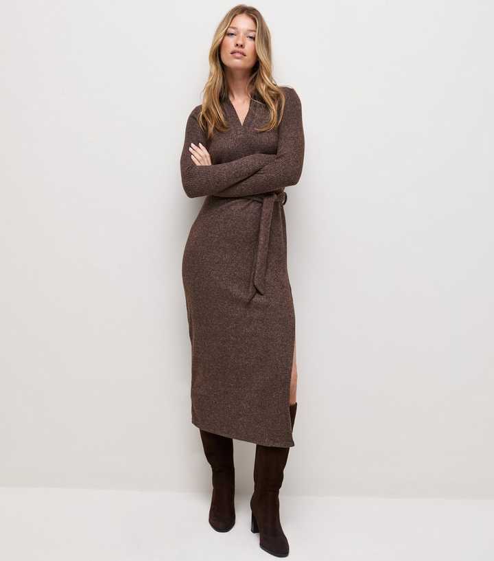 Dark Brown Knitted Long Sleeve Midi Dress