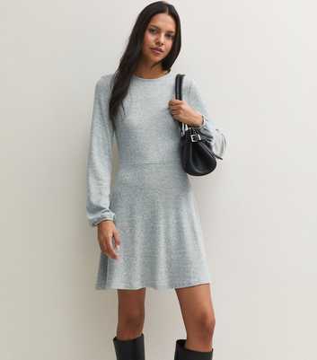 Light Grey Knitted Long Sleeve Smock Mini Dress