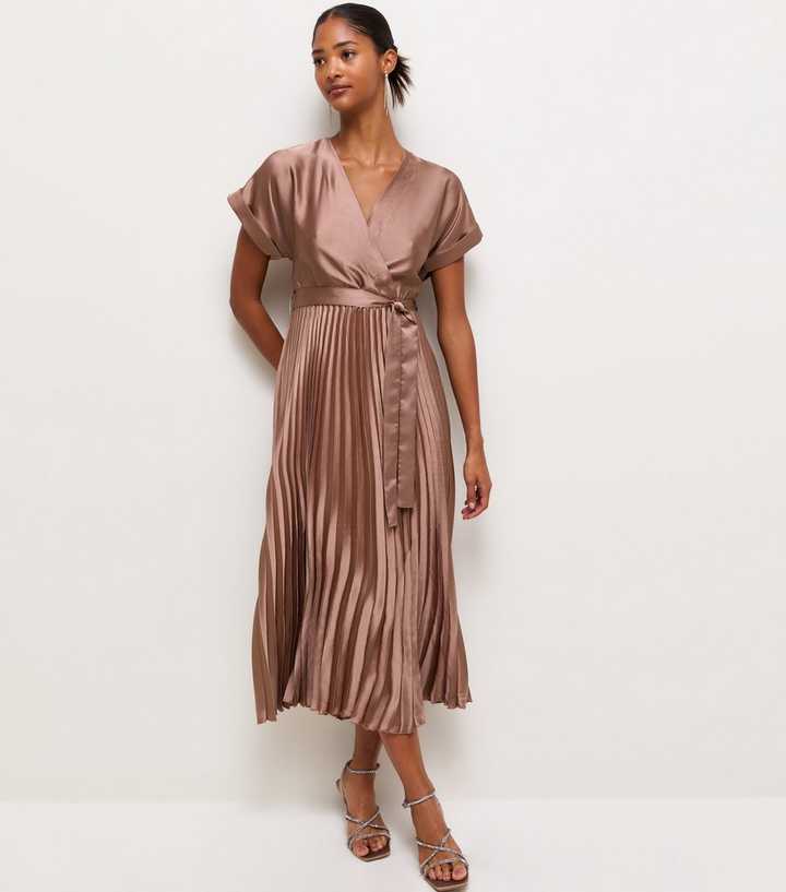 Mink Satin Pleated Wrap Midi Dress