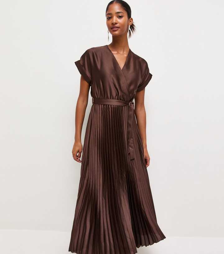 Dark Brown Satin Pleated Wrap Midi Dress