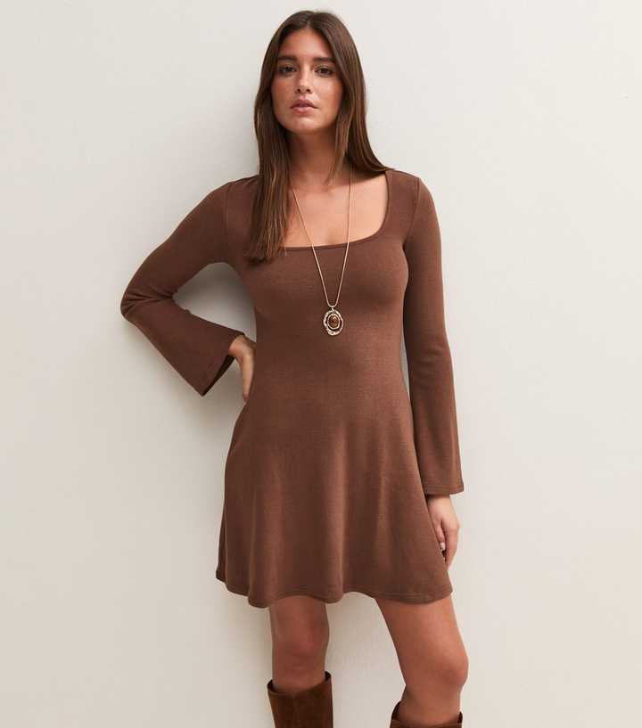 Dark Brown Long Sleeve Square Neck Mini Dress