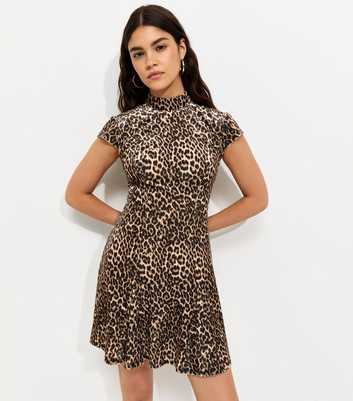 Brown Leopard Print Velvet High Neck Mini Dress