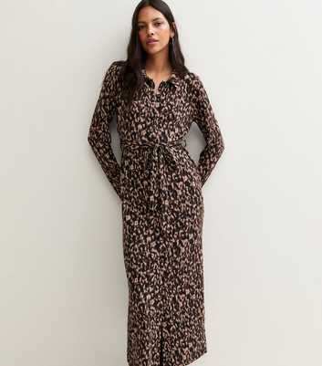 Brown Leopard Print Belted Shirt Midi Dress