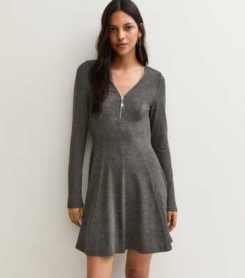 Dark Grey Long Sleeve Zip Front Mini Dress