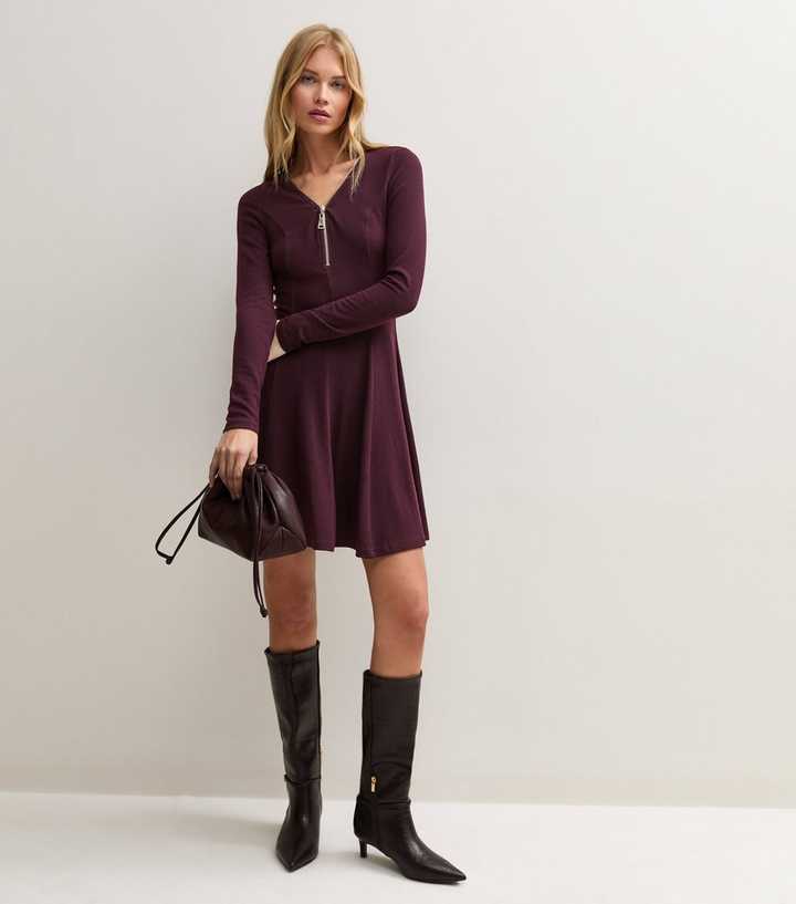 Dark Burgundy Long Sleeve Zip Front Mini Dress