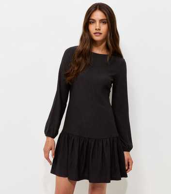 Black Crinkle Texture Crew Neck Frill Mini Dress